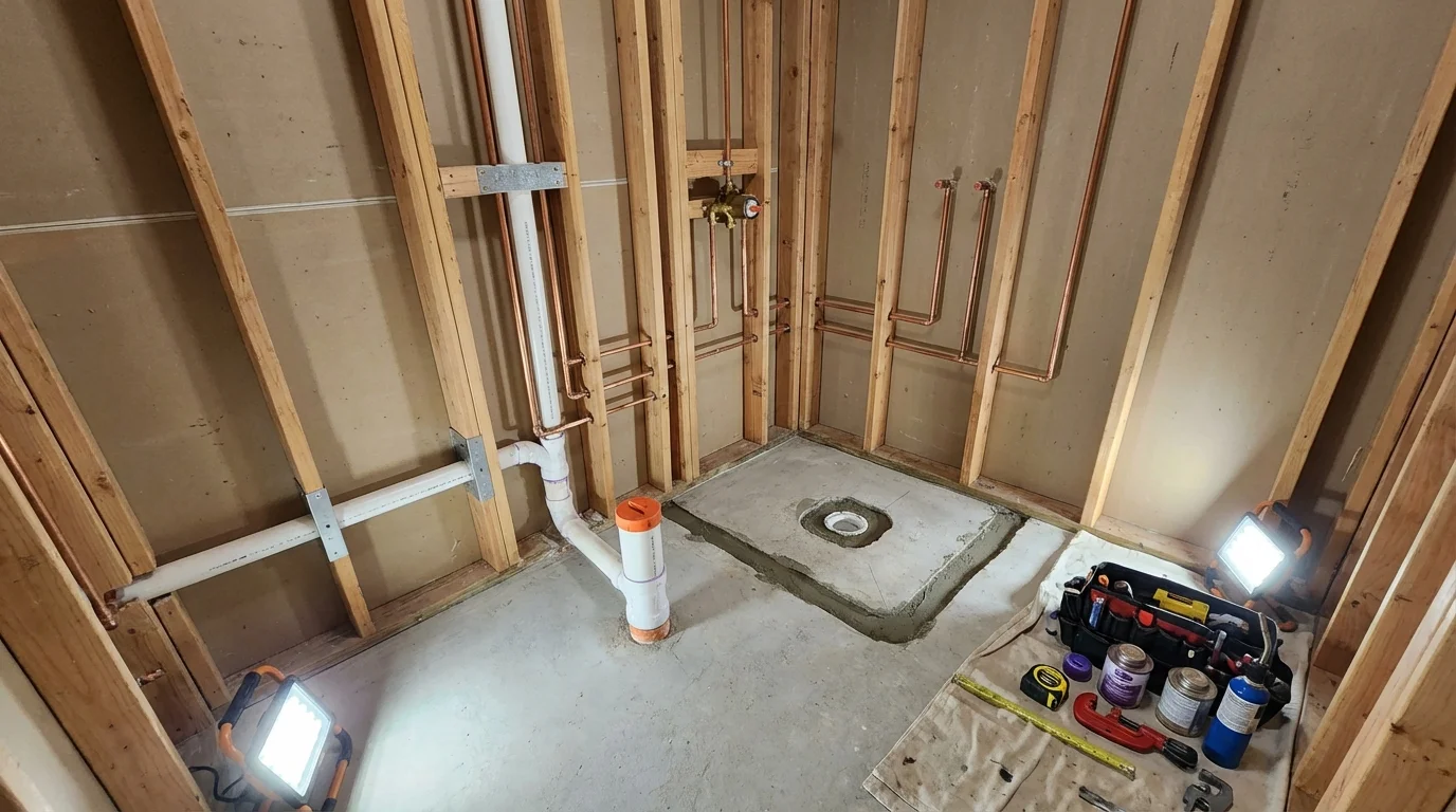 Bathroom rough-in plumbing during remodel by Johns Plumbing LLC in New Smyrna Beach