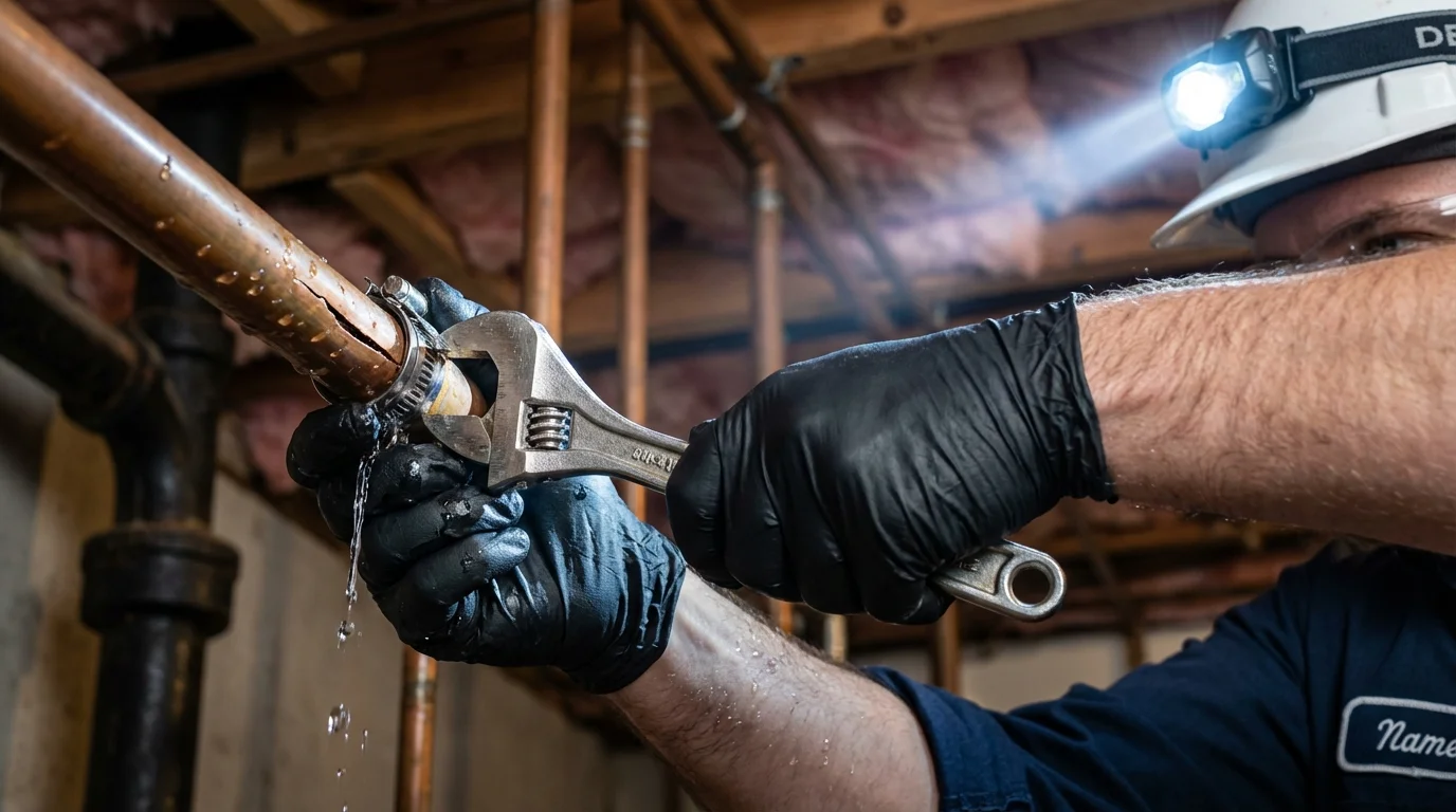 Emergency pipe clamp repair being performed by a Johns Plumbing LLC plumber in New Smyrna Beach