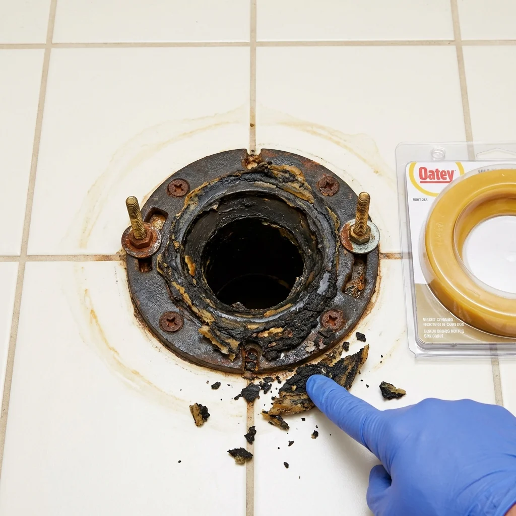 Failed wax ring showing water seepage at the base of a toilet in a New Smyrna Beach, FL home