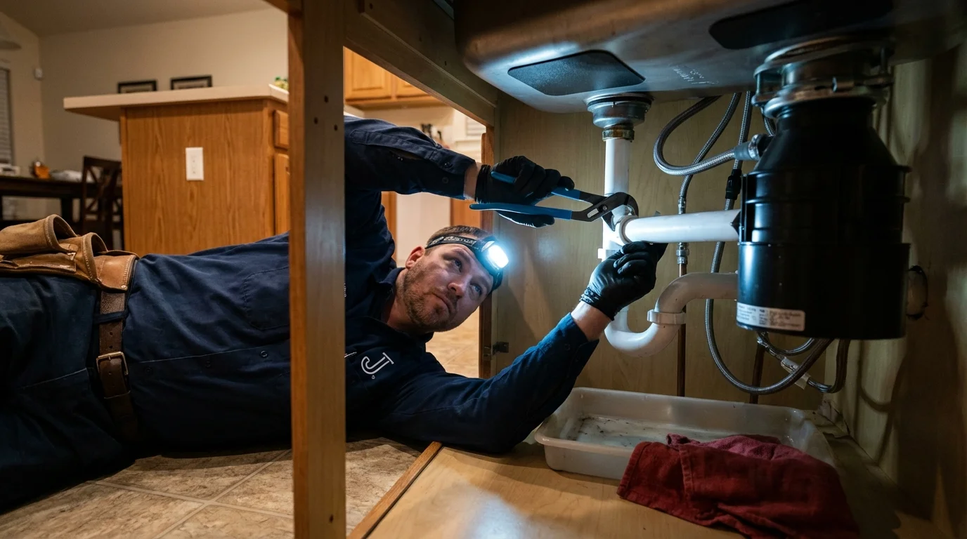 P-trap and supply line connections under a kitchen sink showing a common leak point in New Smyrna Beach, FL